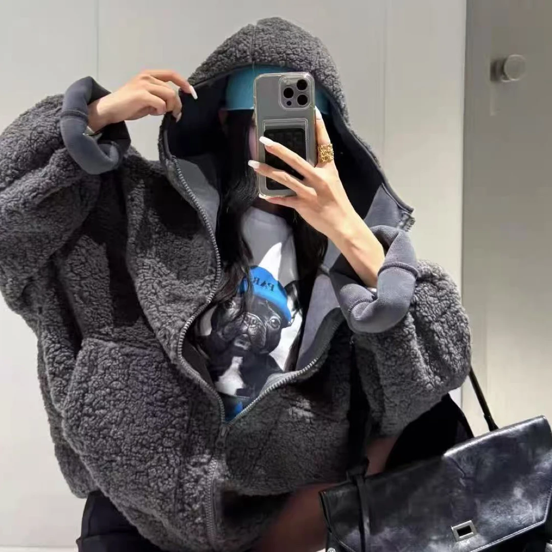 LATTE正版冬季新款 宽松慵懒连帽灰色毛茸茸外套女
