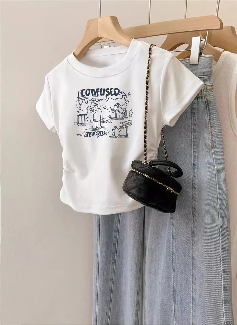 2025胖mm圆领短袖T恤女夏季新款修身显瘦不规则印花体恤藏肉上衣