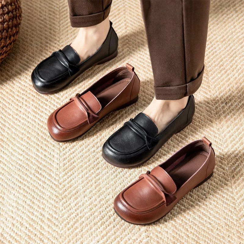 中老年真皮舒适超软妈妈鞋浅口防水防滑牛筋底低帮一脚蹬平跟鞋