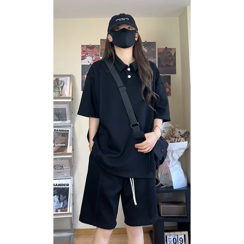 美式休闲polo衫男款时尚套装情侣夏季男士短袖T恤大码宽松男装潮