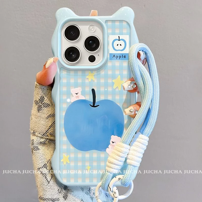 格纹蓝苹果小熊适用苹果16手机壳新款女款华为带挂链新款荣耀OPPO