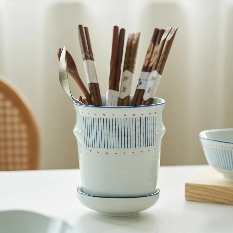 肆月蓝缕日式手绘陶瓷筷子筒家用厨房收纳笼沥水架筷笼筷子篓防霉