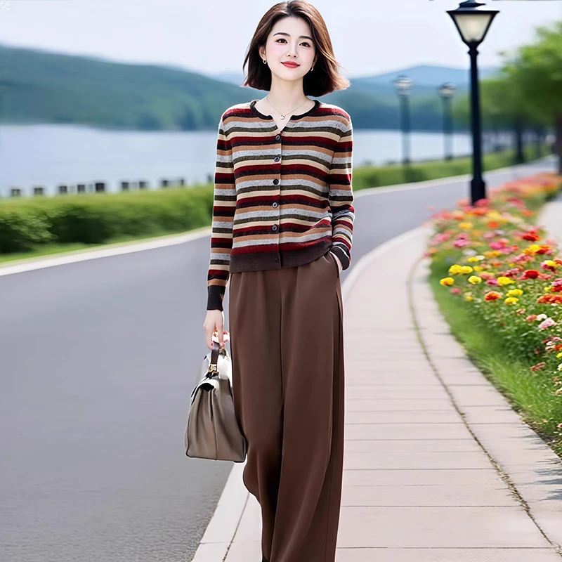 2025春秋新款减龄套装女时尚撞色条纹针织衫显瘦休闲直筒裤两件套