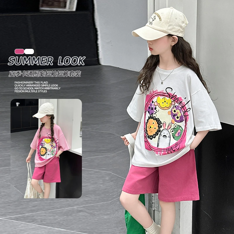 女童夏季休闲套装2025新款洋气儿童短袖T恤夏装女大童夏款两件套