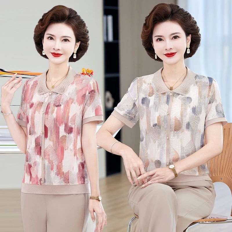 新款妈妈装t恤短袖上衣服夏装套装洋气小衫薄款中老年女针织衫