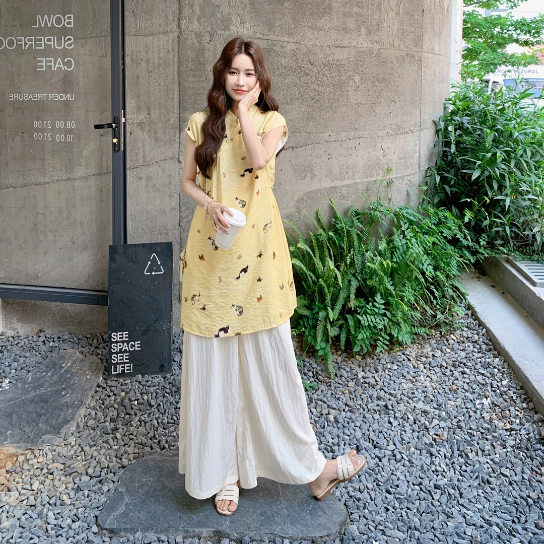 新中式国风印花改良旗袍套装女2025夏高级感时尚休闲阔腿裤两件套