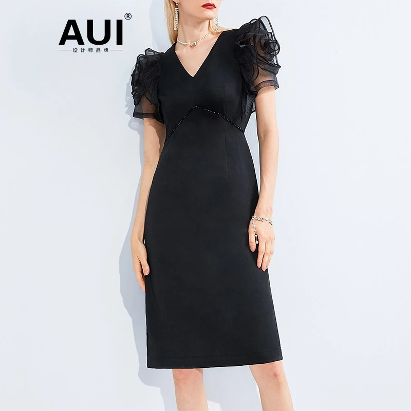 【诗语专属】AUI包臀连衣裙新款黑色茶歇裙-22F010809