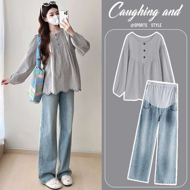 孕妇衣服上衣春季2025新款条纹长袖衬衫牛仔裤两件套孕妈妈女