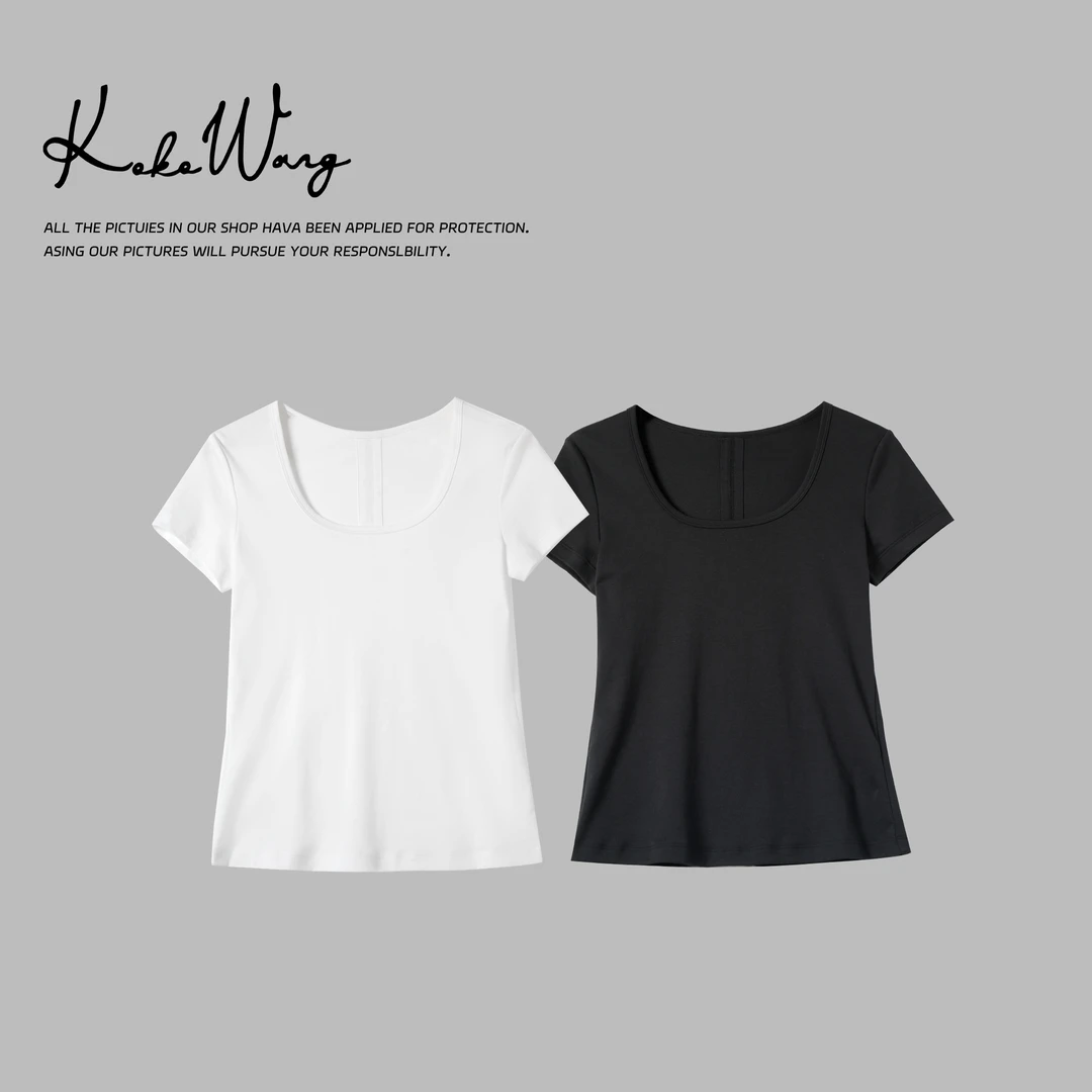 KOKOWANG夏季简约纯色海岛棉后中线修身显瘦百搭T恤566175F05T43