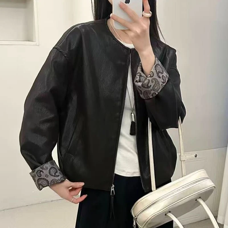 气质宽松圆领皮衣外套ZBW33865衣长55