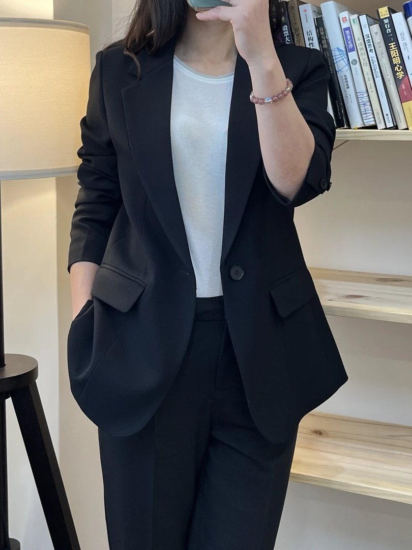 休闲西装女2025春上新黑色经典时尚一粒扣直筒宽松休闲西装外套