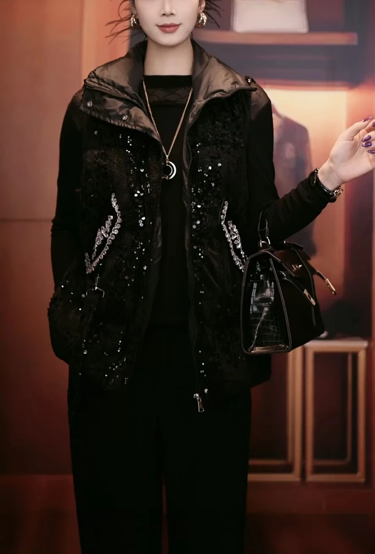 洋气重工水钻马甲女秋冬季新款珠片丝绒立领保暖棉马夹1778