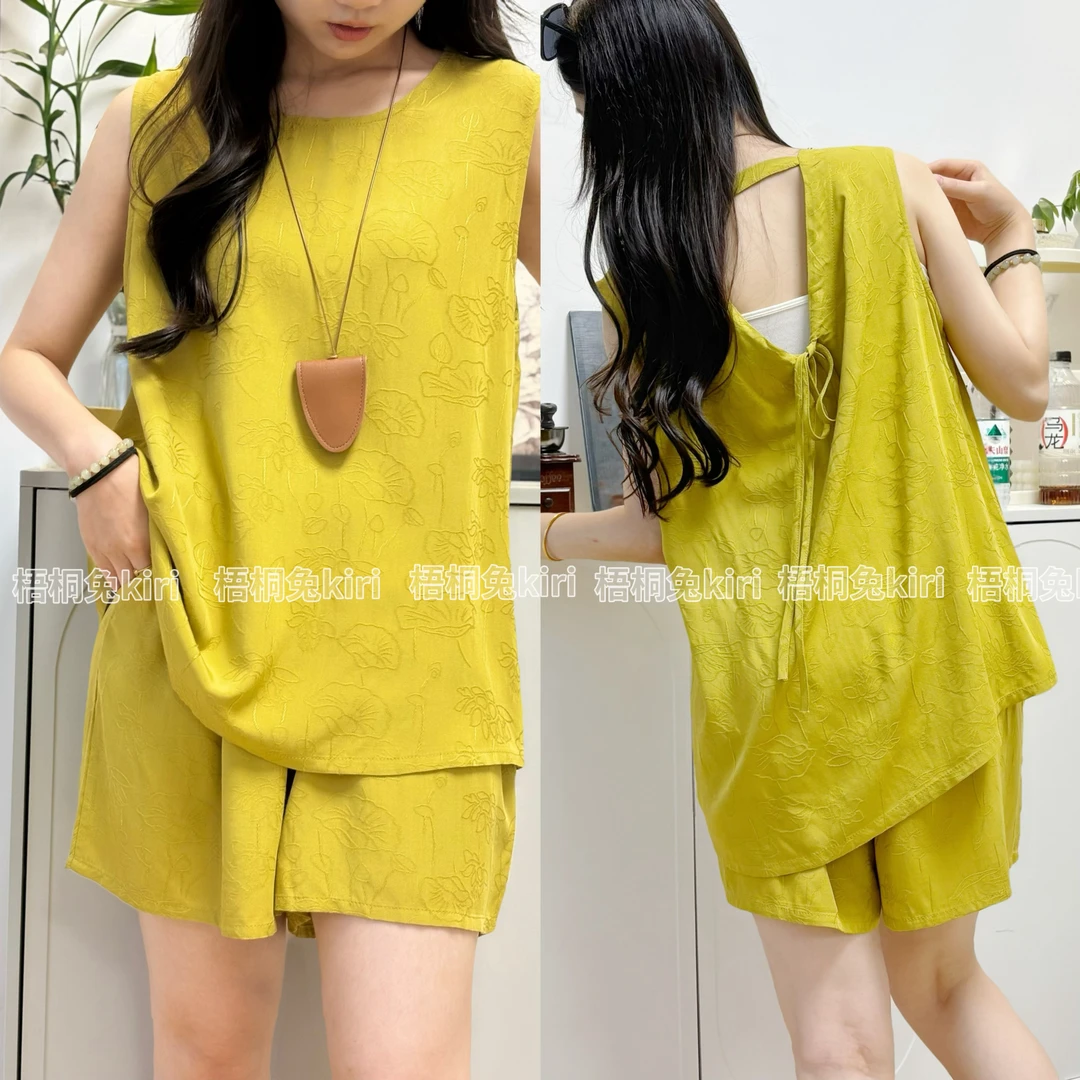 【高版本】夏季气质简约人棉背心棉绸无袖上衣搭配阔腿短裤套装