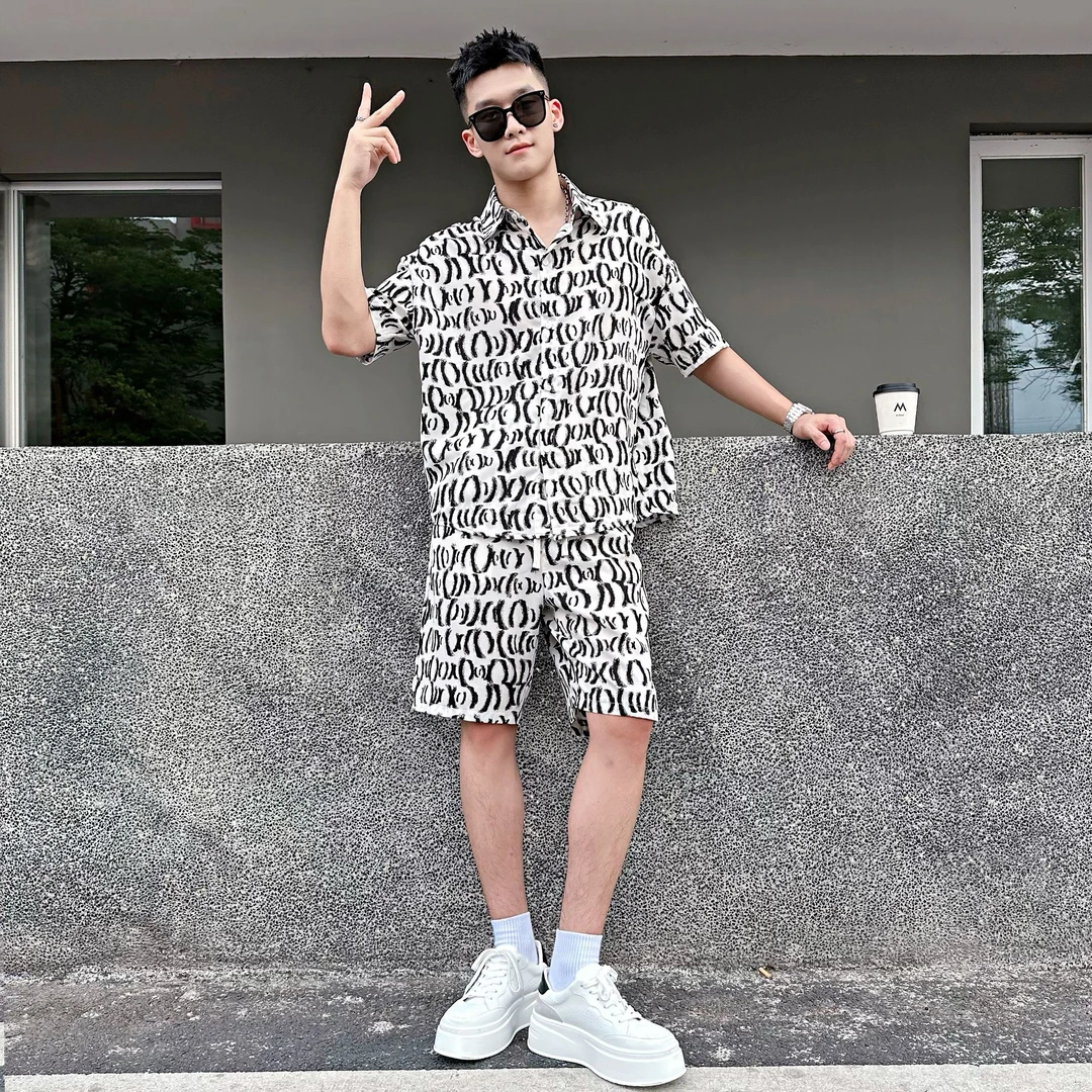 夏季新款男士薄款花套装短裤短袖百搭休闲时尚潮流