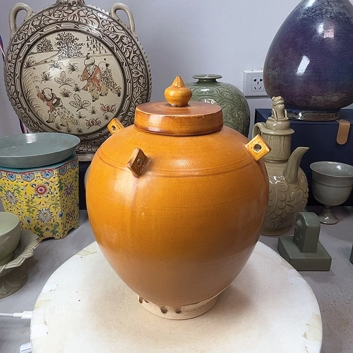 摆件收****藏三彩一道釉四系罐摆件1