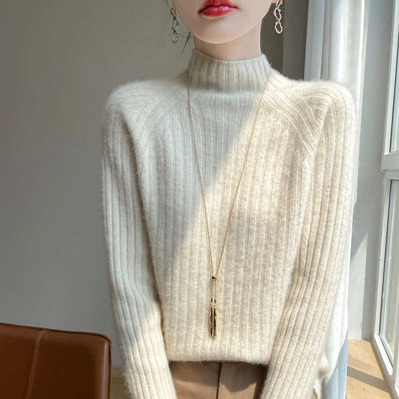 太漂亮了！一线宽抽条半高领女纯羊毛修身显瘦时尚打底衫长袖宽松