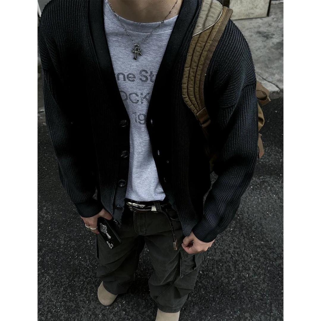 男装 脏喷做旧开衫毛衣男秋冬潮流设计感慵懒风领针织外套潮
