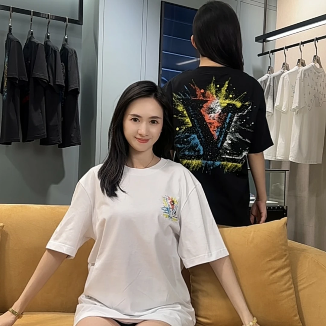 【V登镶钻炸裂颜料】夏季潮牌男女时尚休闲纯棉宽松圆领短袖T恤0090