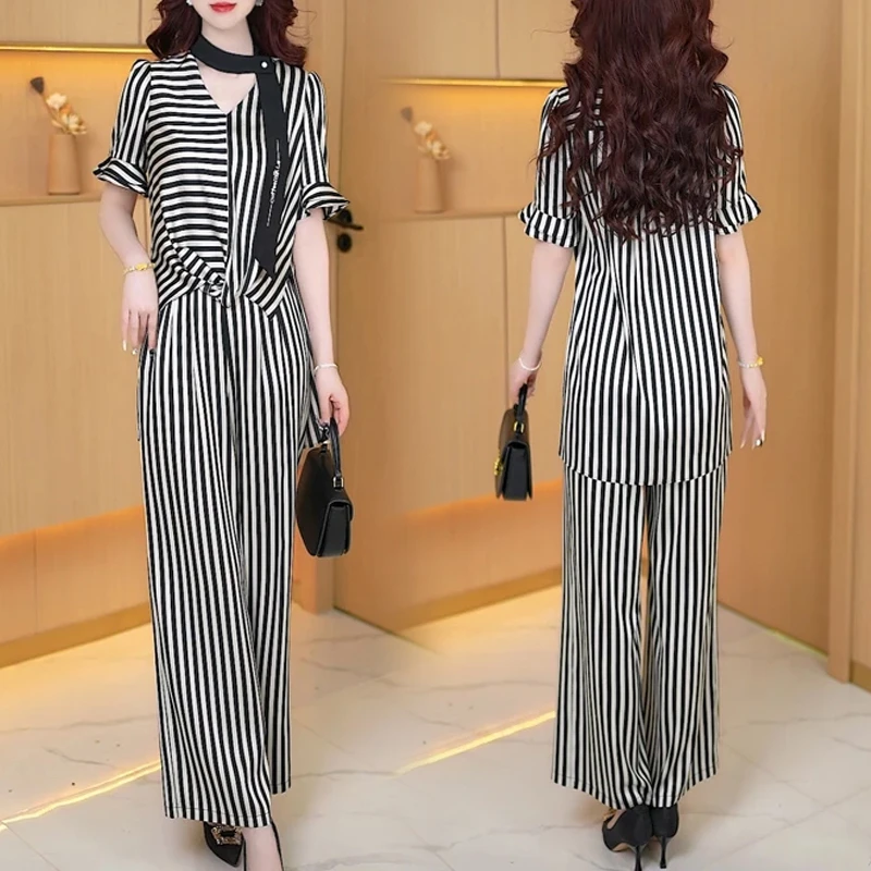 2025年夏季新款时尚气质遮肚子显瘦条纹短袖上衣阔腿裤两件套装女