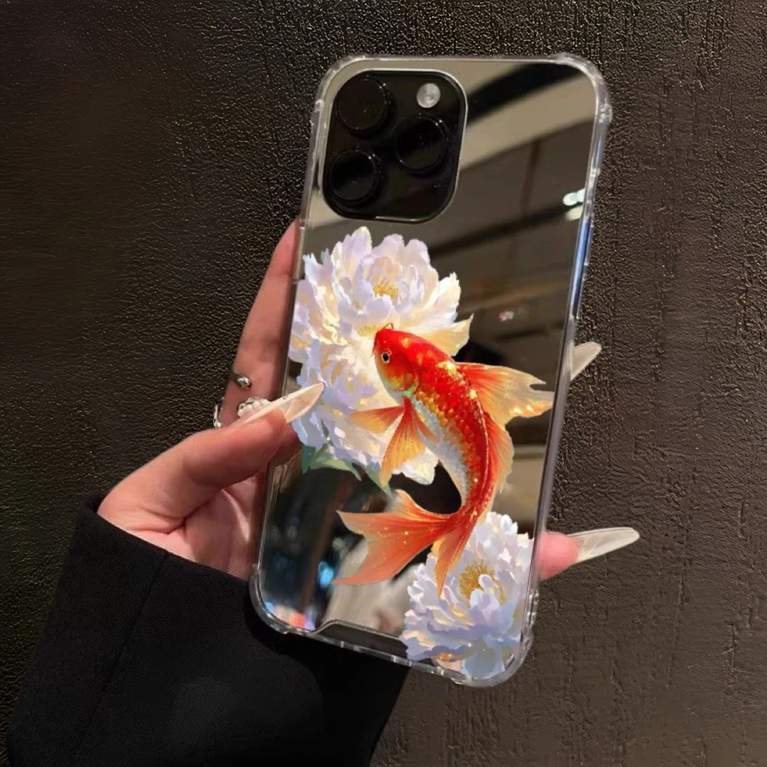 花朵金鱼锦鲤适用苹果16promax镜面手机壳15plus幸运14pro发财13