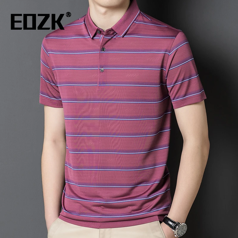 Eozk2025新款短袖T恤男士夏季POLO衫薄款冰丝宽松皮红色中年上衣