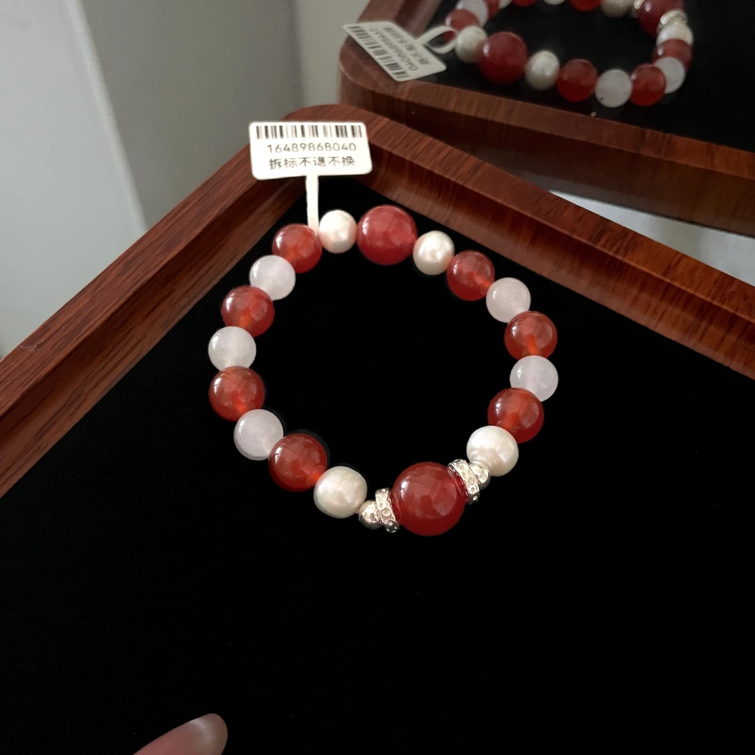 正红色玛瑙银手链女 搭配珍珠新款正品 小众时尚百搭日常通勤约会