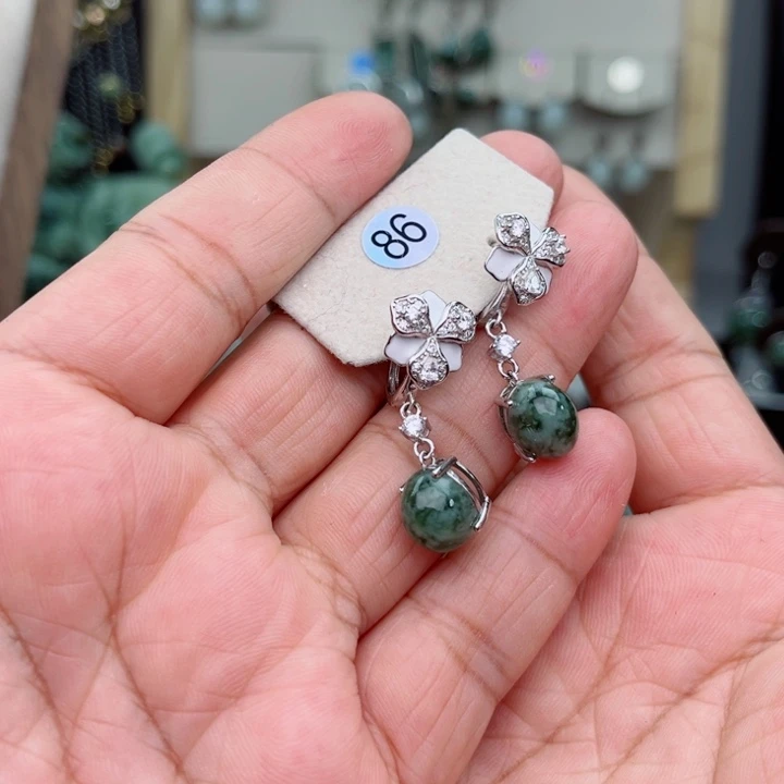 透闪石-蛇纹石玉耳坠银S925镶嵌丑*乖