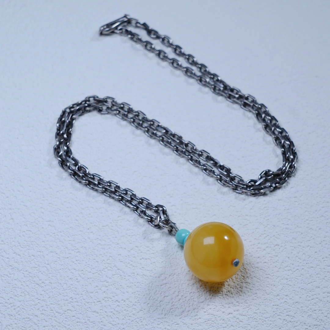 天然琥珀20m+圆珠银项链