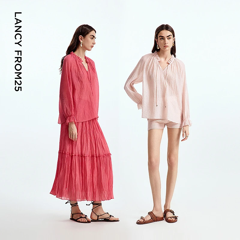 朗姿花边领粉色衬衣上衣气质高级感2025年夏季新款长袖通勤衬衫女