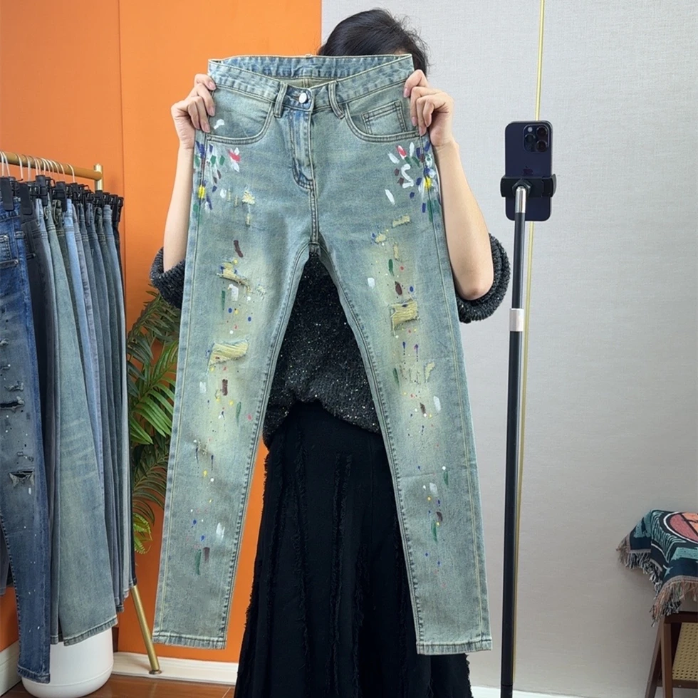 春夏薄款欧货修身小脚男士破洞泼墨个性潮流休闲牛仔裤【九分长裤】
