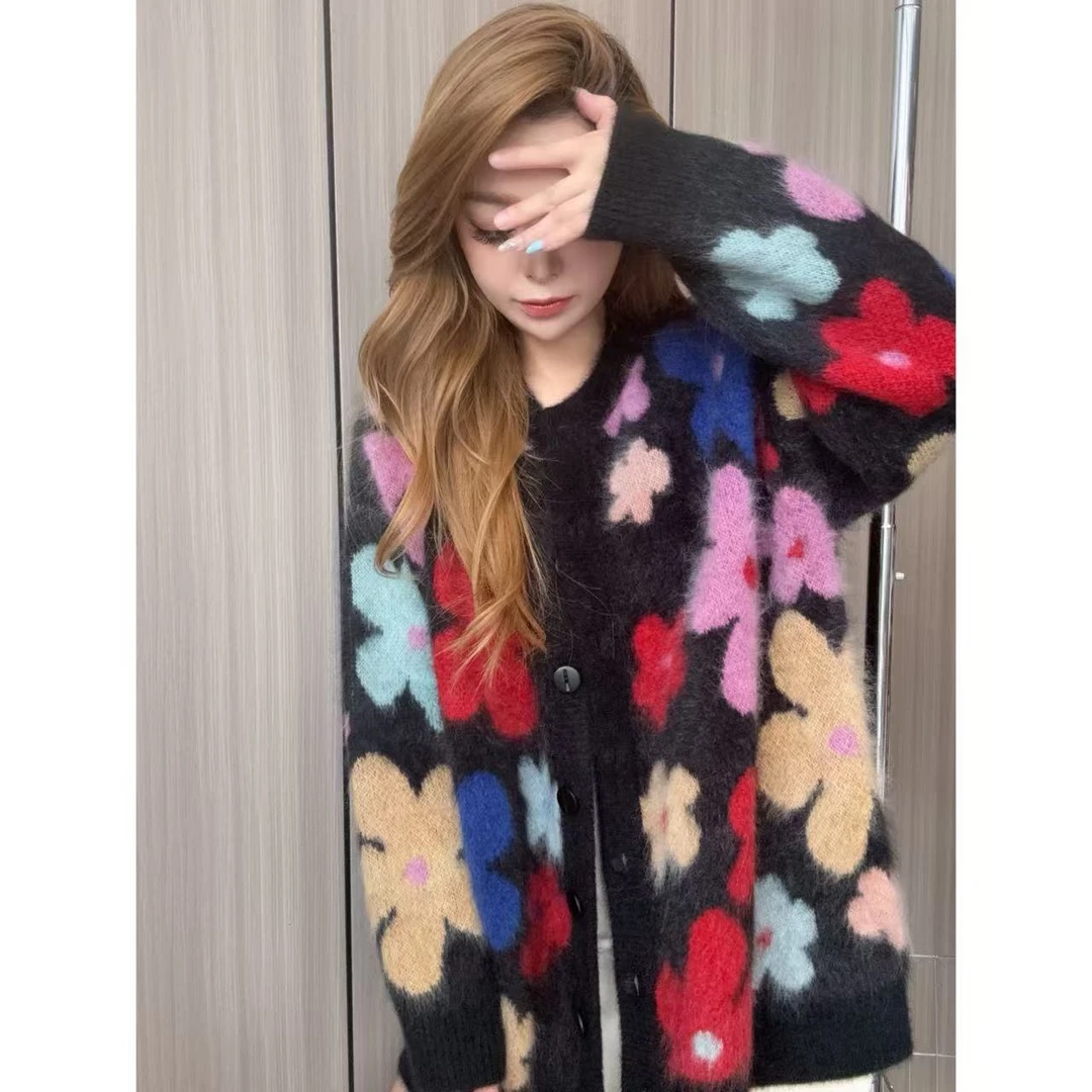 【缤纷花朵】251330百分百山羊绒拉绒款羊绒开衫高奢提花厚款保暖