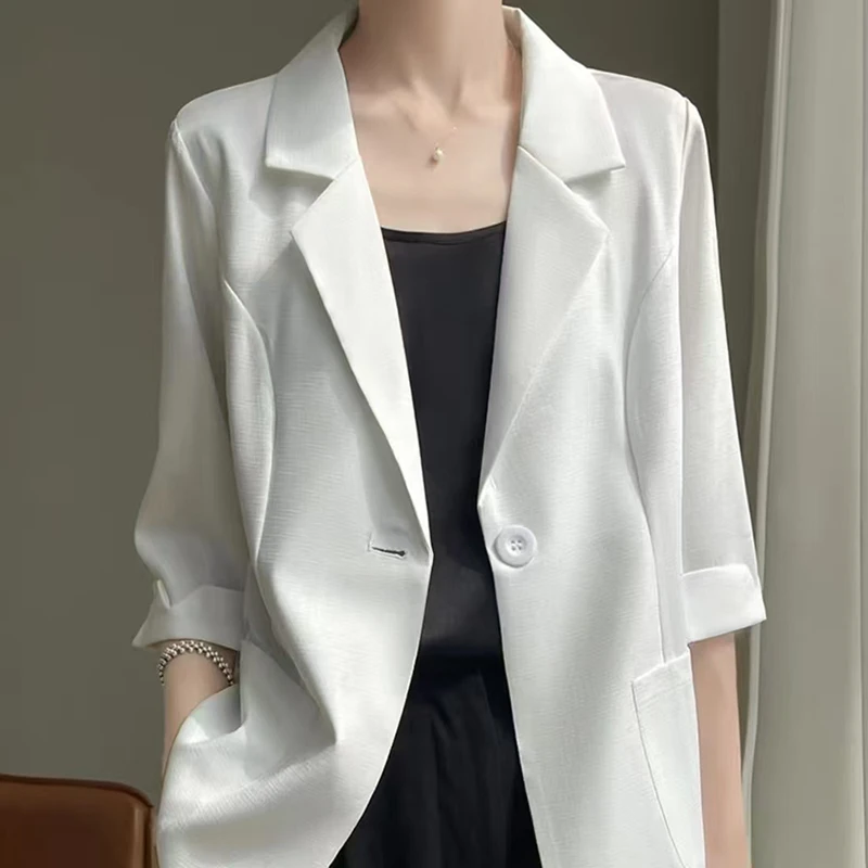 西装外套女七分袖K夏季薄款2025气质棉麻短款修身西服薄款防晒