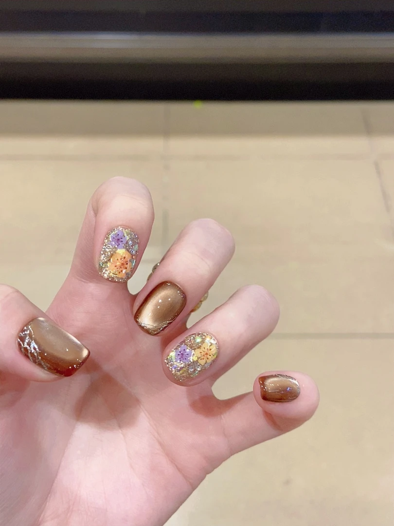 【花甲】 随机干花 纯手工穿戴甲 显白牢固高级干花秋冬色系美甲 B