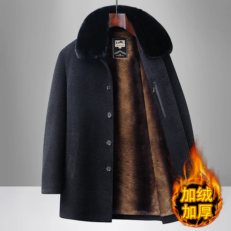 中老年男士毛呢大衣加绒加厚雪尼尔外套冬季爸爸装毛领中长款外套