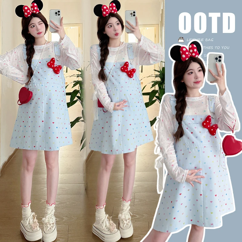 时髦孕妇装新款韩系甜美多巴胺撞色爱心款宽松防晒上衣吊带背带裙