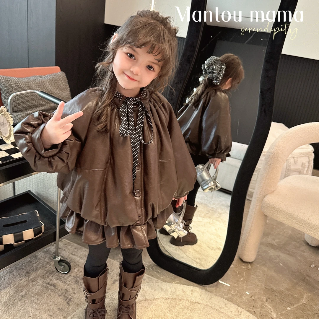 【馒头家】K【新款】气质斗篷皮衣外套女童冬季设计感百搭韩版
