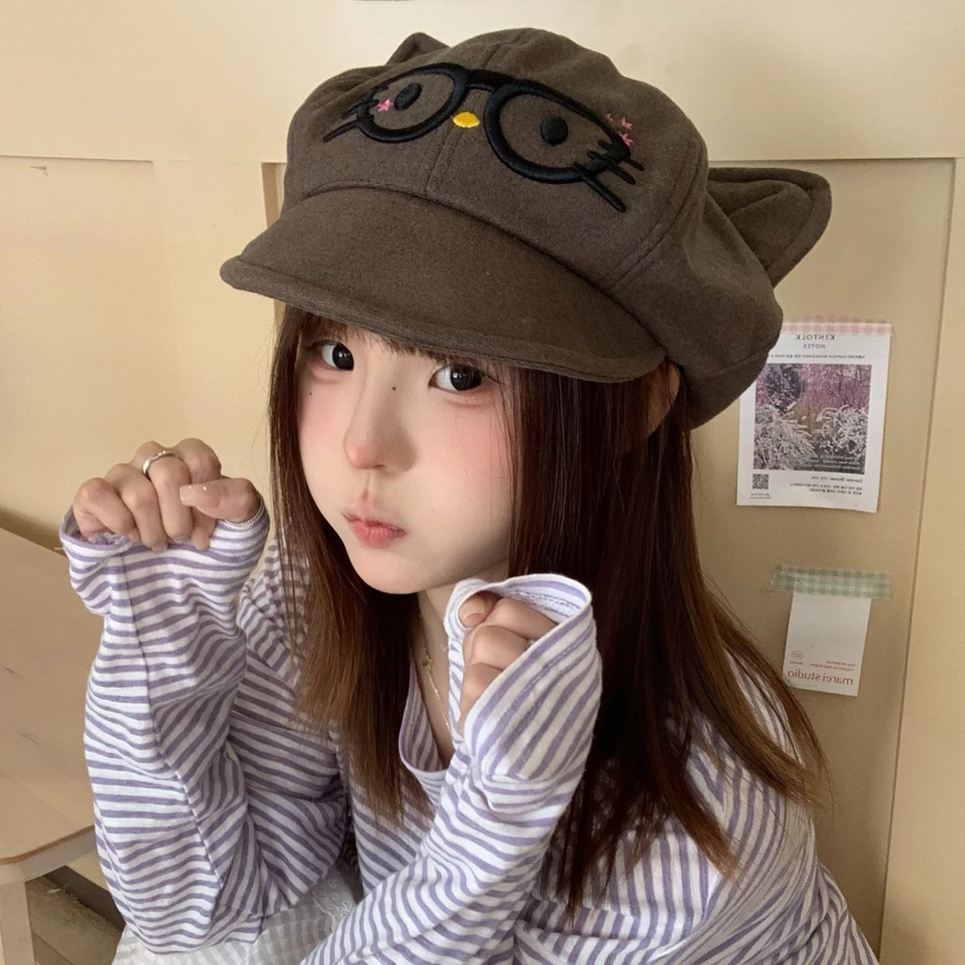 秋冬新款可爱眼镜猫咪贝雷帽女百搭显脸小八角帽复小众古画家帽子