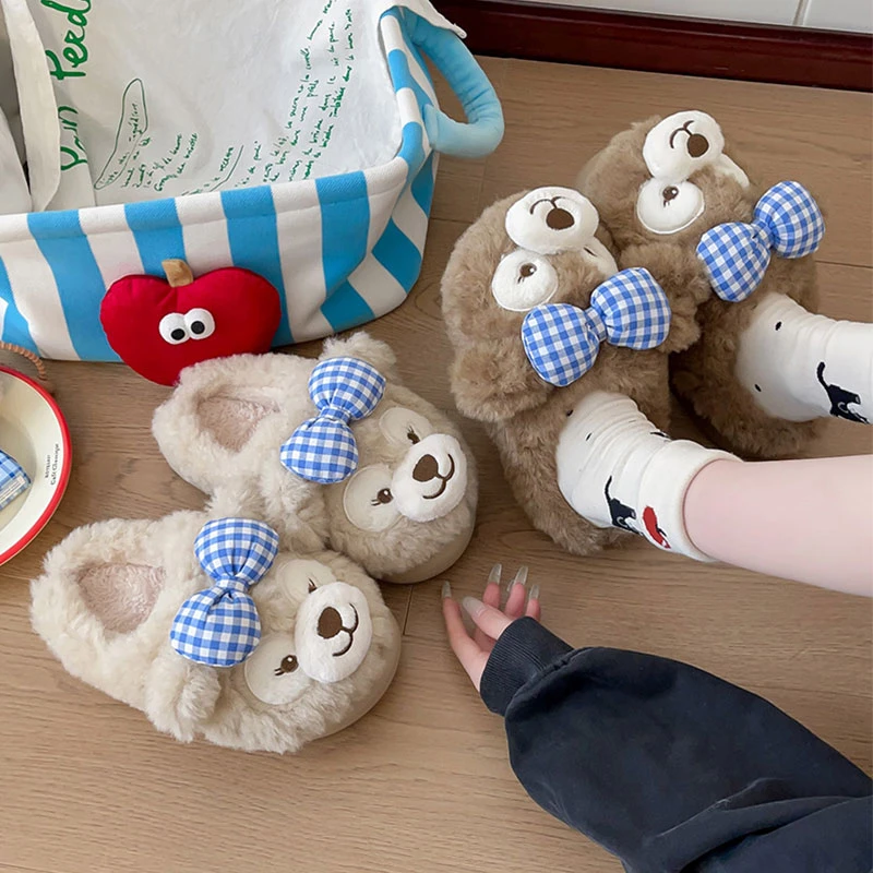 2025新款棉拖鞋女冬季可爱卡通小熊家居室内厚底防滑保暖毛绒拖鞋