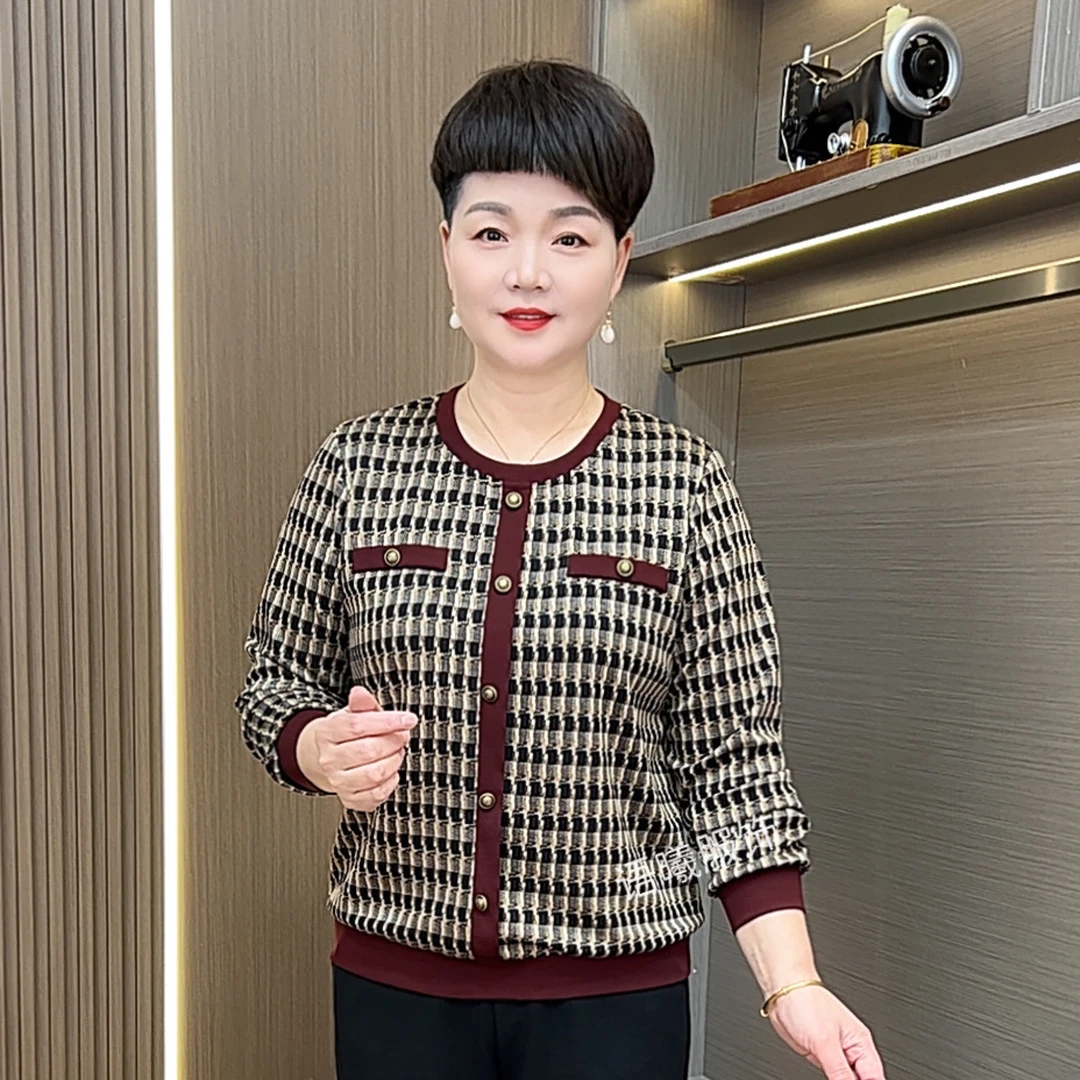 秋季格纹女装长袖短款拼接中老年女装小香风洋气百搭上衣F9966