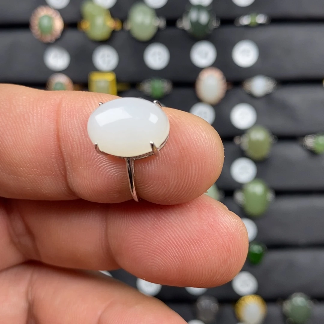 和田玉（白玉）戒指银S925镀金镶嵌