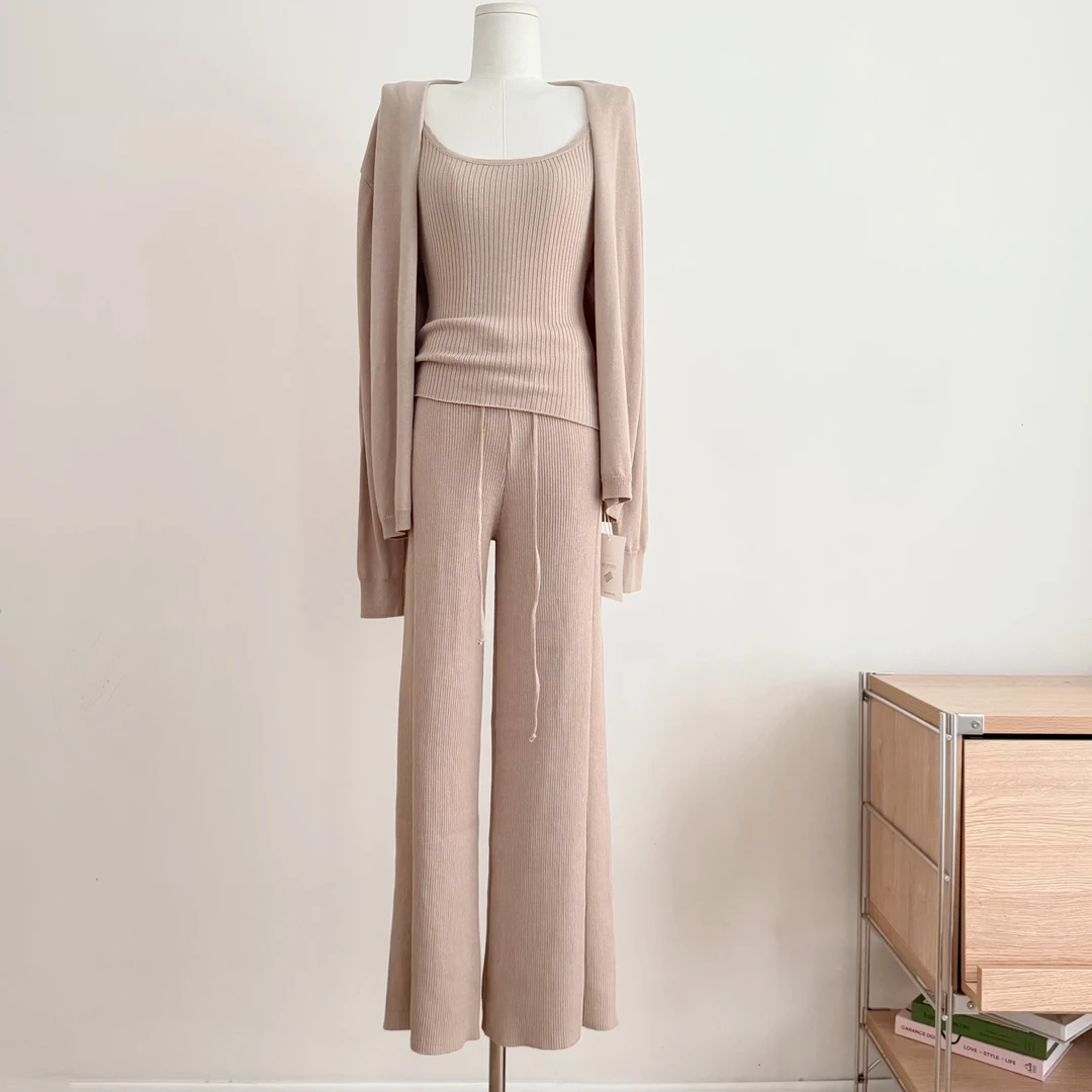 「贵感松弛」天丝亚麻针织开衫外套吊带直筒裤套装