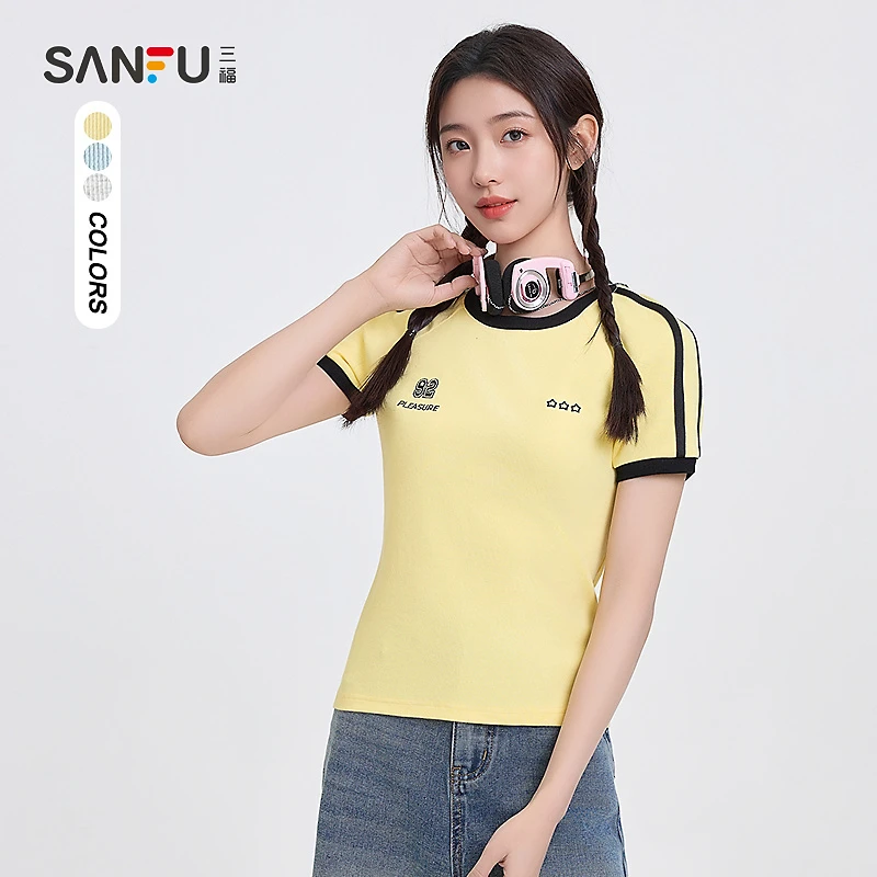 三福 短t恤2025夏季数字刺绣插肩袖双杠短款上衣短袖女装498245