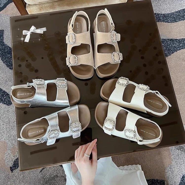 银色勃肯凉鞋女外穿夏2025新款小个子增高女鞋软底水钻扣厚底凉鞋