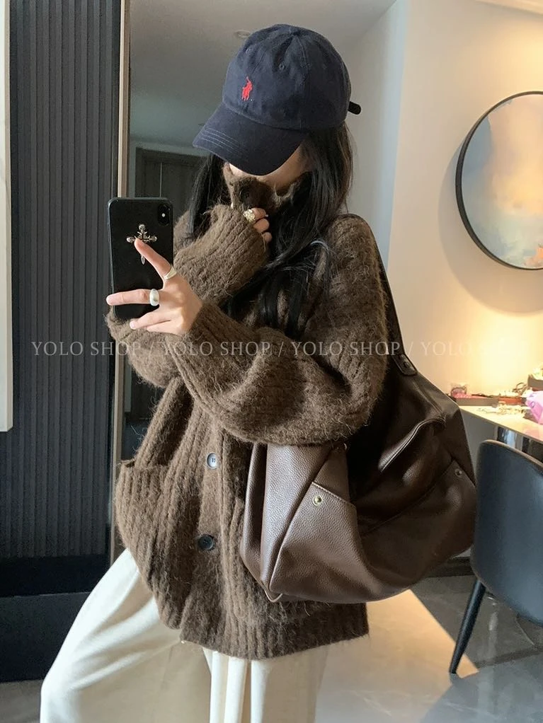 大版型高领加厚毛衣外套秋冬新款宽松慵懒风针织开衫毛衣外套女