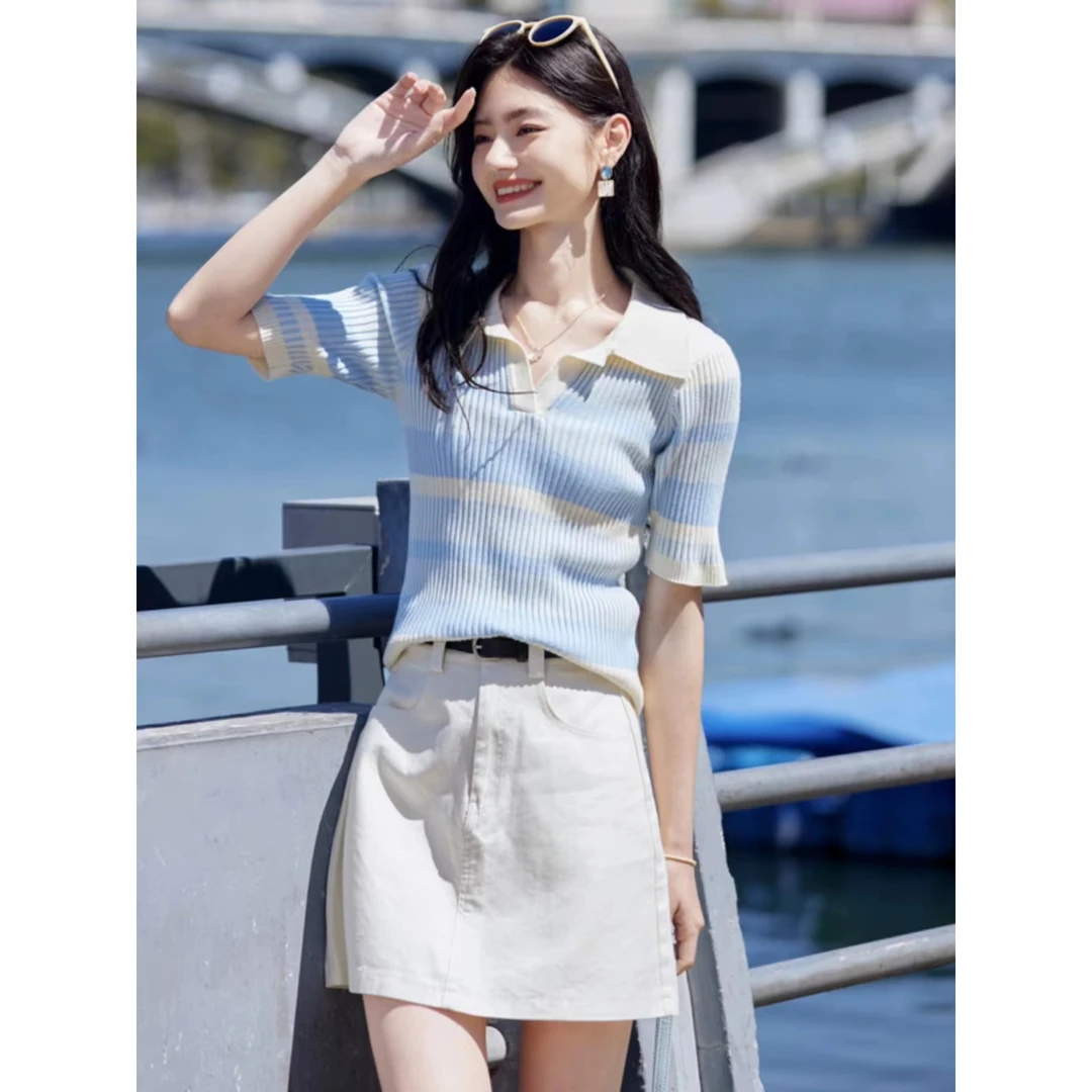 针织衫女款爆款2025新款女装显瘦修身短袖上衣撞色条纹毛衣女857
