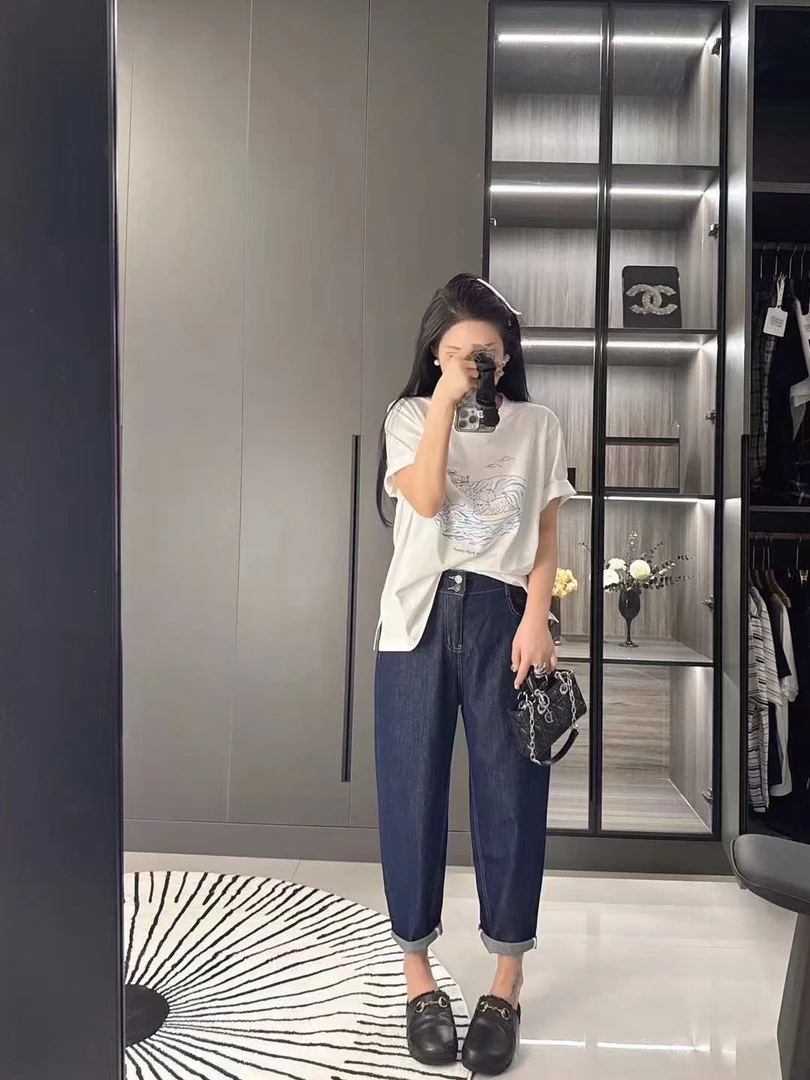 W阿薇-尧妹超薄新款夏季双扣普洗蓝牛仔裤8181