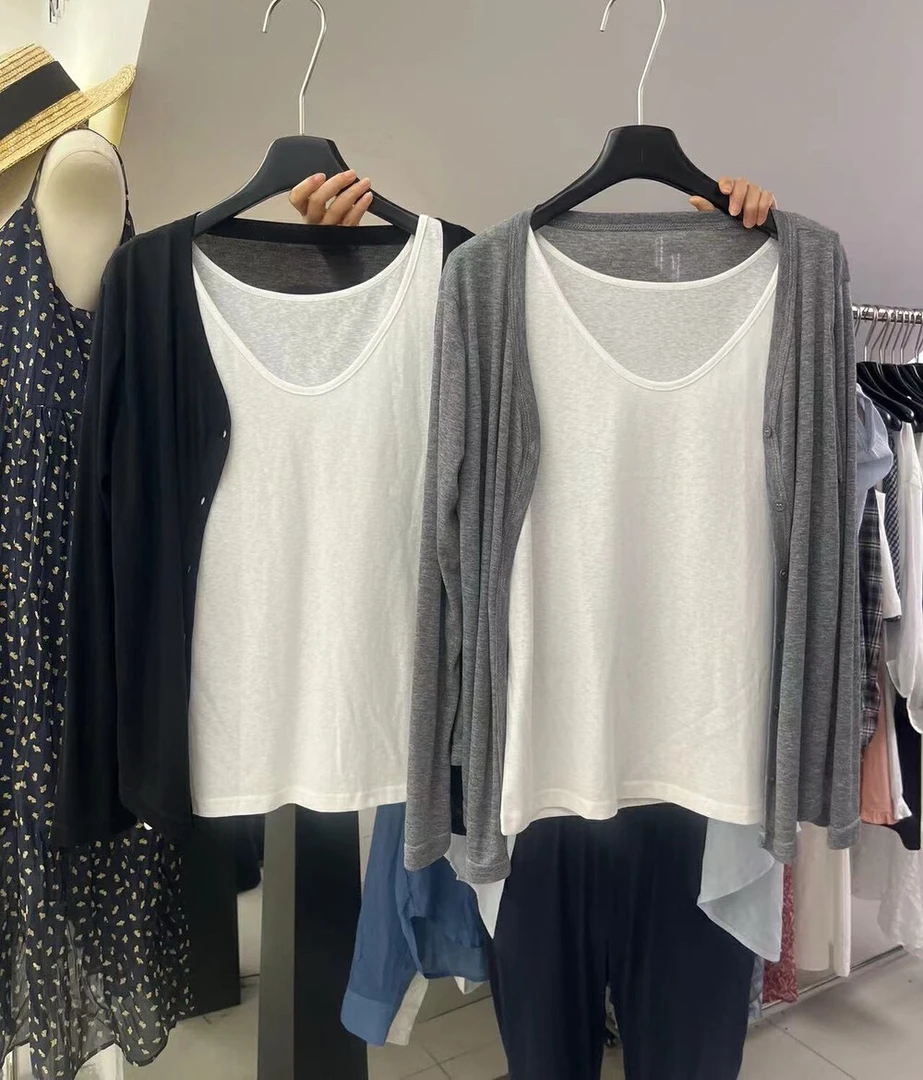 夏季长袖开衫搭配白色吊带背心女装套装