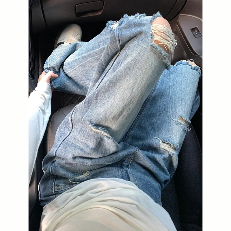 破洞直筒牛仔裤女夏季新款2025年美式复古宽松慵懒垂感阔腿拖地裤