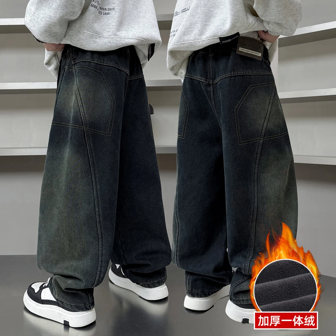 W020男童牛仔裤加绒秋冬款新款儿童装冬季一体绒直筒裤子大童冬装