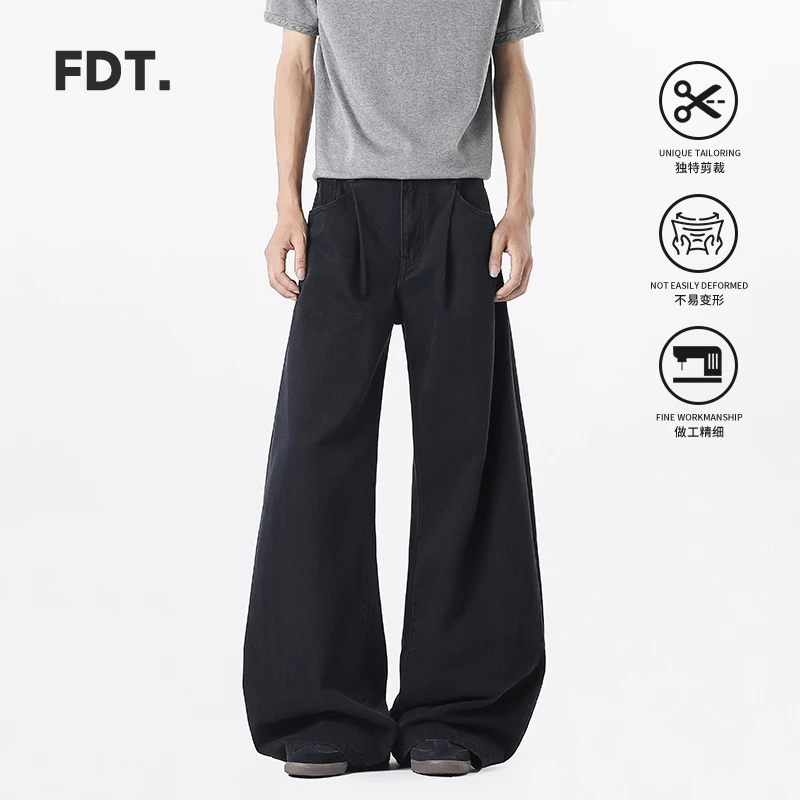 FDT美式复古水洗做旧牛仔裤潮牌宽松直筒阔腿裤cleanfit弯刀裤